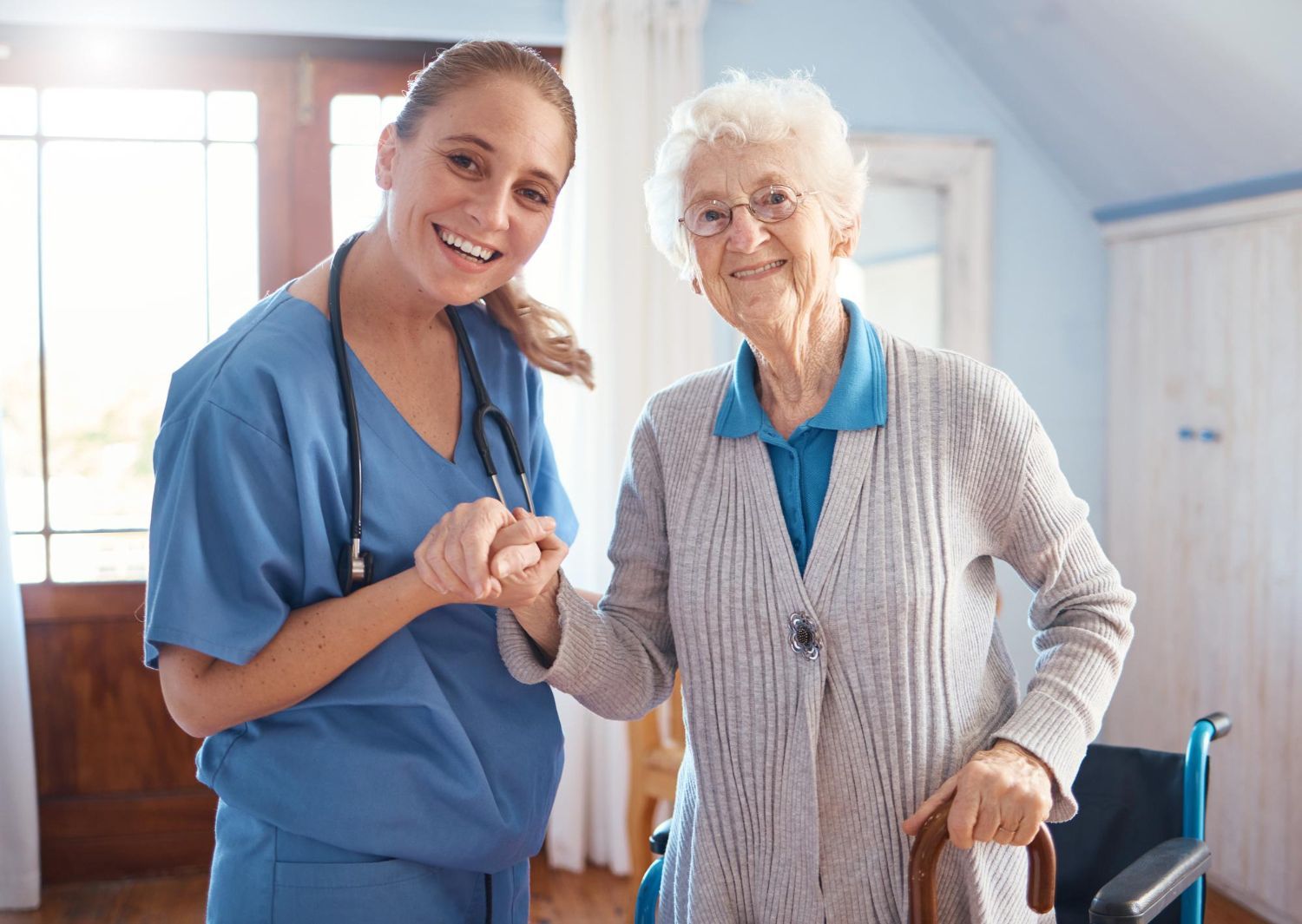 A nurse caring for a senior resident at Niles Care Center
